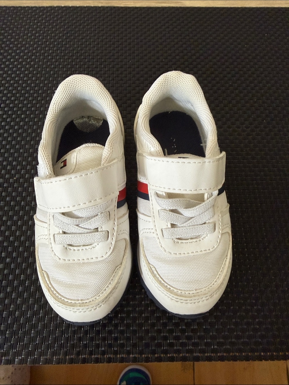 White Kids Sneakers with Red & Navy Stripe - Classic Velcro Closure